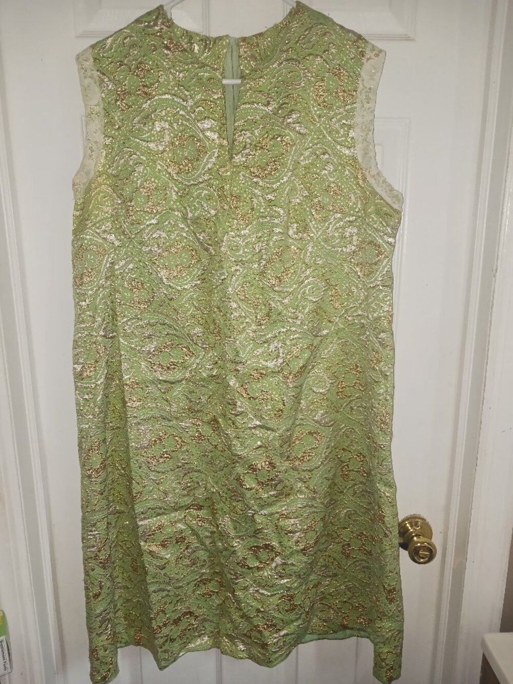 VTG 1960's Shift Dress Sleeveless Back Zip Knee Length XL Metallic Green/Gold